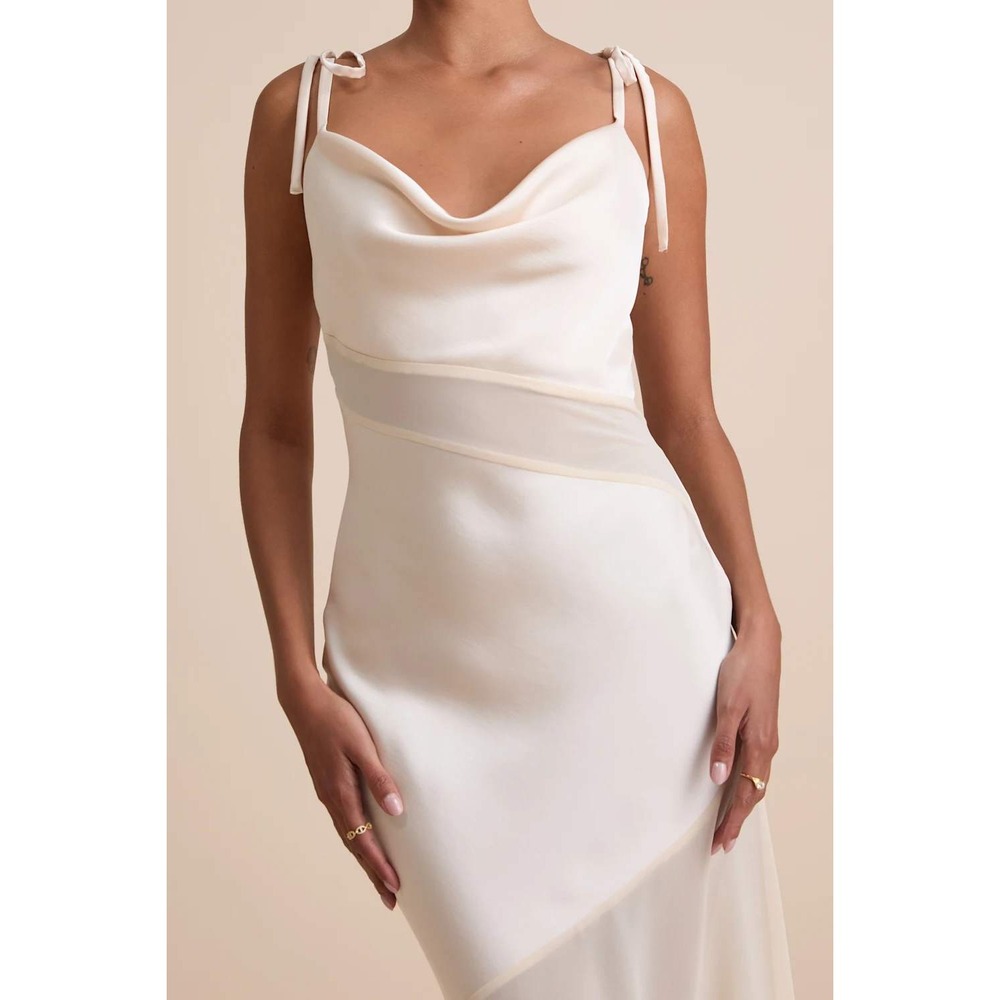Lulus Enara Cream Satin Mesh Tie-Strap Asymmetrical Midi Dress Size XL - Picture 4 of 8